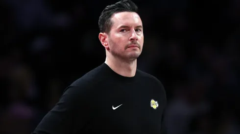 Head coach JJ Redick of the Los Angeles Lakers reacts during the game against the Brooklyn Nets at Barclays Center on March 10, 2025 in the Brooklyn borough of New York City.