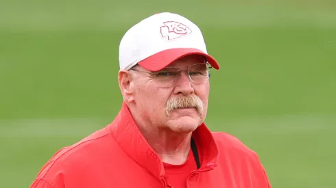 Head coach Andy Reid of the Kansas City Chiefs looks on during a practice ahead of Super Bowl LIX at Tulane University’s Yulman Stadium on on February 06, 2025 in New Orleans, Louisiana.