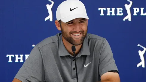 Scottie Scheffler of the United States speaks to the media prior to THE PLAYERS Championship on the Stadium Course at TPC Sawgrass on March 11, 2025.