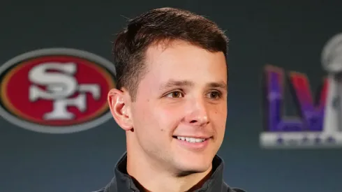 Brock Purdy #13 speaks to the media during San Francisco 49ers media availability ahead of Super Bowl LVIII at Hilton Lake Las Vegas Resort and Spa on February 07, 2024 in Henderson, Nevada.