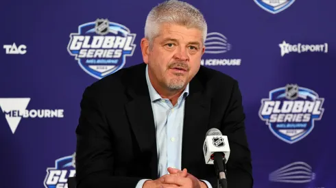 Head coach Todd McLellan speaks during a press conference following the NHL Global Series match between Arizona Coyotes and Los Angeles Kings at Rod Laver Arena on September 24, 2023 in Melbourne, Australia.