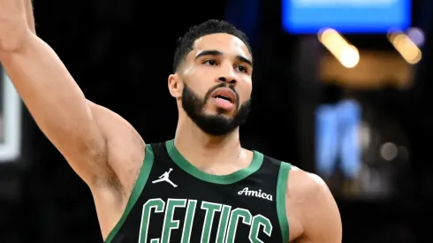 Jayson Tatum #0 of the Boston Celtics reacts after making a three-point basket against the Oklahoma City Thunder