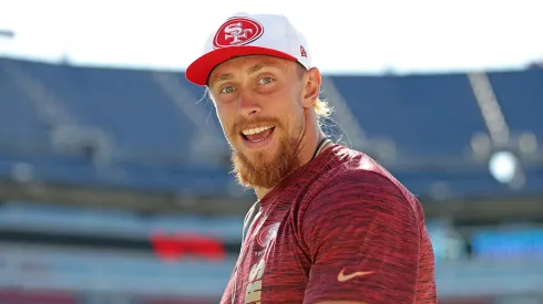George Kittle #85 of the San Francisco 49ers looks at the camera before the game against the Tennessee Titans at Nissan Stadium on August 10, 2024.