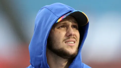 Josh Allen #17 of the Buffalo Bills looks on during warmups prior to the game against the Kansas City Chiefs at Bills Stadium on October 19, 2020 in Orchard Park, New York.