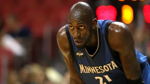 Kevin Garnett #21 of the Minnesota Timberwolves looks on during a game against the Miami Heat at American Airlines Arena.