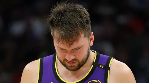Luka Doncic #77 of the Los Angeles Lakers walks backcourt during a game against the Milwaukee Bucks