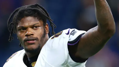 Lamar Jackson #8 of the Baltimore Ravens celebrates a win over the Detroit Lions at Ford Field on September 26, 2021 in Detroit, Michigan.