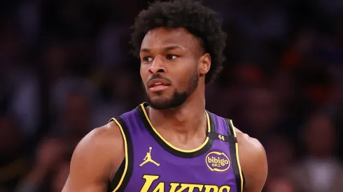 Bronny James #9 of the Los Angeles Lakers in action against the New York Knicks during their game at Madison Square Garden on February 01, 2025 in New York City.