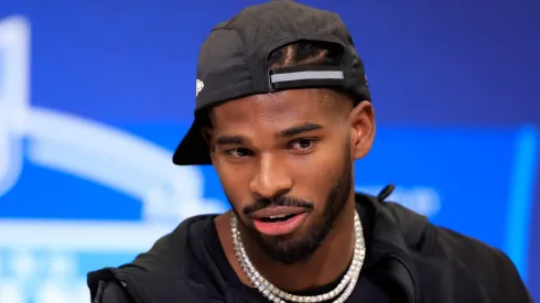Shedeur Sanders #QB13 of Colorado speaks to the media during the 2025 NFL Scouting Combine at Lucas Oil Stadium on February 28, 2025 in Indianapolis, Indiana.