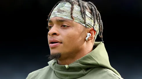 Justin Fields #1 of the Chicago Bears looks onward before his game against the Detroit Lions at Soldier Field on November 13, 2022 in Chicago, Illinois.