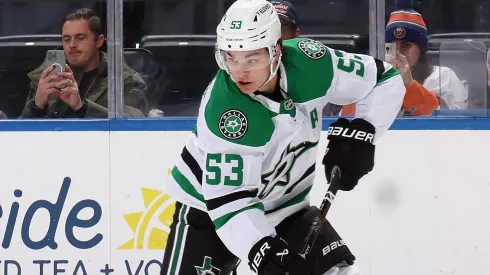 Wyatt Johnston #53 of the Dallas Stars skates against the New York Islanders at UBS Arena on February 23, 2025 in Elmont, New York.