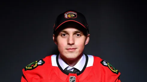 Artyom Levshunov poses for a portrait after being drafted by the Chicago Blackhawks with the second overall pick during the 2024 Upper Deck NHL Draft at Sphere on June 28, 2024 in Las Vegas, Nevada.