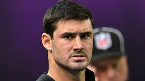 Quarterback Daniel Jones of the Minnesota Vikings looks on prior to a game against the Arizona Cardinals at U.S. Bank Stadium on December 01, 2024 in Minneapolis, Minnesota.