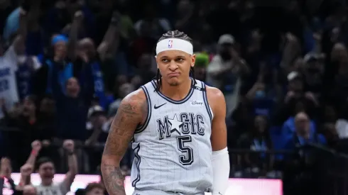 Paolo Banchero #5 of the Orlando Magic reacts after scoring against the San Antonio Spurs during the fourth quarter
