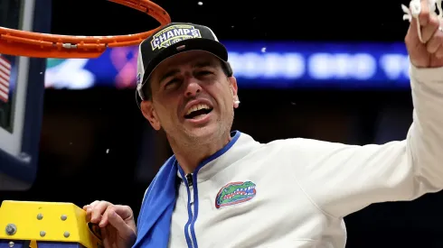 Head Coach Todd Golden of the Florida Gators celebrates after defeating the Tennessee Volunteers in the SEC Men's Basketball Tournament Championship game at Bridgestone Arena on March 16, 2025 in Nashville, Tennessee.