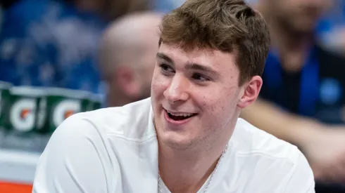 Cooper Flagg #2 of the Duke Blue Devils looks on from the bench in the first half against the Louisville Cardinals during the championship round of the ACC men's basketball tournament at Spectrum Center on March 15, 2025 in Charlotte, North Carolina.