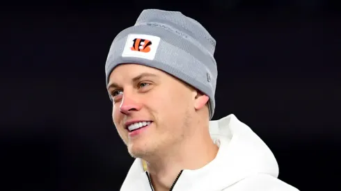 Joe Burrow #9 of the Cincinnati Bengals speaks during a Cincinnati Bengals Fan Rally ahead of Super Bowl LVI at Paul Brown Stadium on February 07, 2022 in Cincinnati, Ohio.
