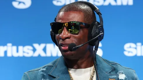 Deion Sanders speaks on SiriusXM on radio row at Super Bowl LIX on February 07, 2025 in New Orleans, Louisiana.