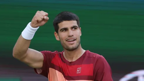 Carlos Alcaraz of Spain celebrates a point against Jack Draper of Great Britain in their Semifinal round match