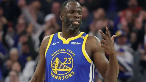 Draymond Green #23 of the Golden State Warriors reacts after the Warriors made a three-point basket against the Portland Trail Blazers during the first half at Chase Center on March 10, 2025 in San Francisco, California.