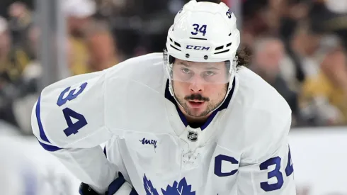 Auston Matthews #34 of the Toronto Maple Leafs waits for a faceoff in the first period of a game against the Vegas Golden Knights during their game at T-Mobile Arena on March 05, 2025 in Las Vegas, Nevada. The Golden Knights defeated the Maple Leafs 5-2.