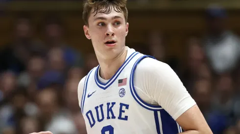 Cooper Flagg #2 of the Duke Blue Devils dribbles during the second half of the game against the Florida State Seminoles at Cameron Indoor Stadium on March 01, 2025 in Durham, North Carolina.