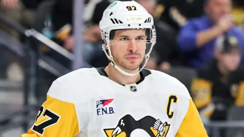 Sidney Crosby #87 of the Pittsburgh Penguins waits for a faceoff in the second period of a game against the Vegas Golden Knights at T-Mobile Arena on March 07, 2025 in Las Vegas, Nevada.