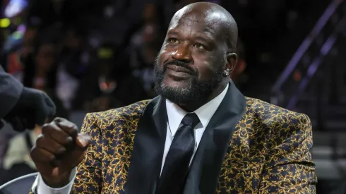 Naismith Memorial Basketball Hall of Fame member Shaquille O'Neal gets a fist bump as he attends a semifinal game of the Emirates NBA Cup in 2024.