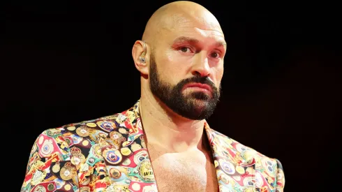 Tyson Fury looks as he is interviewed by DAZN on the Knockout Chaos boxing card at the Kingdom Arena on March 08, 2024 in Riyadh, Saudi Arabia.