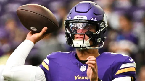J.J. McCarthy #9 of the Minnesota Vikings warms up before the preseason game against the Las Vegas Raiders at U.S. Bank Stadium on August 10, 2024 in Minneapolis, Minnesota.