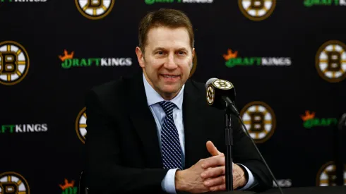 Boston Bruins interim head coach Joe Sacco smiles at his news conference following their 1-0 win over the Utah Hockey Club at TD Garden on November 21, 2024 in Boston, Massachusetts