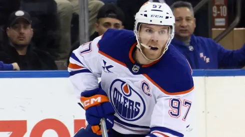 Connor McDavid #97 of the Edmonton Oilers skates against the New York Rangers at Madison Square Garden on March 16, 2025 in New York City.