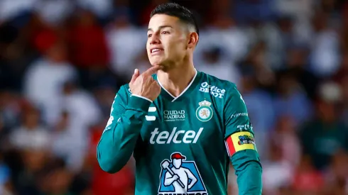 James Rodriguez of Leon gestures during the 12th round match between Necaxa and Leon as part of the Torneo Clausura 2025 Liga MX at Victoria Stadium on March 14, 2025 in Aguascalientes, Mexico.