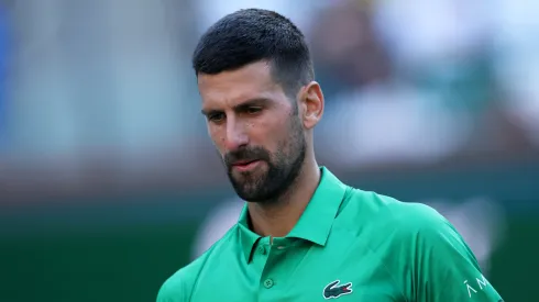 Novak Djokovic of Serbia shows his dejection against Botic van de Zandschulp of the Netherlands in their second round match during the BNP Paribas Open at Indian Wells.