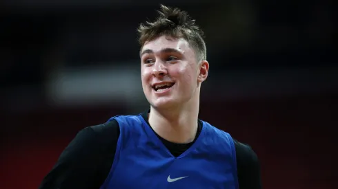 Cooper Flagg #2 of the Duke Blue Devils looks on during practice day prior to the First Round of the NCAA Men's Basketball Tournament at Lenovo Center on March 20, 2025 in Raleigh, North Carolina.