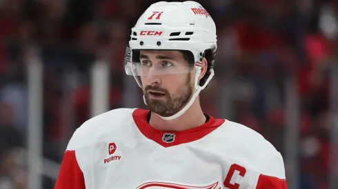 Dylan Larkin #71 of the Detroit Red Wings looks on against the Washington Capitals during the third period at Capital One Arena on March 18, 2025 in Washington, DC.