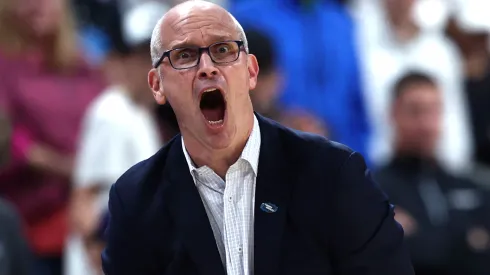 Head coach Dan Hurley of the Connecticut Huskies reacts during the second half in the first round of the NCAA Men's Basketball Tournament against the Oklahoma Sooners at Lenovo Center on March 21, 2025 in Raleigh, North Carolina.