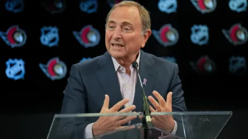 NHL Commissioner Gary Bettman speaks during a media availability prior to a game between the Ottawa Senators and the Edmonton Oilers at Canadian Tire Centre on November 19, 2024 in Ottawa, Ontario, Canada.