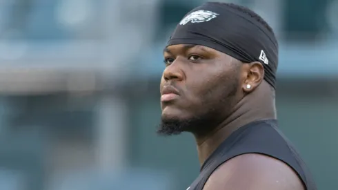 Milton Williams #93 of the Philadelphia Eagles looks on against the Pittsburgh Steelers during the preseason game at Lincoln Financial Field on August 12, 2021 in Philadelphia, Pennsylvania.