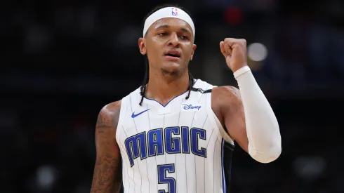 Paolo Banchero #5 of the Orlando Magic celebrates against the Washington Wizards during the second half at Capital One Arena on March 21, 2025 in Washington, DC.