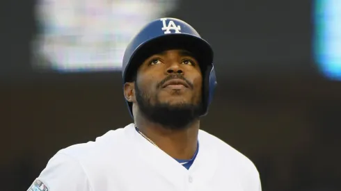 Yasiel Puig during his time with the Los Angeles Dodgers reacts after hitting a fly ball out to center field in the second inning of Game Four of the 2018 World Series against the Boston Red Sox at Dodger Stadium on October 27, 2018 in Los Angeles, California.