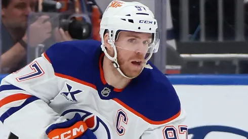 Connor McDavid #97 of the Edmonton Oilers skates against the New York Islanders at UBS Arena on March 14, 2025 in Elmont, New York.