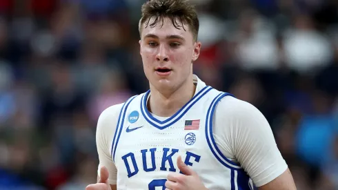 Cooper Flagg #2 of the Duke Blue Devils runs down the court during the first half in the first round of the NCAA Men's Basketball Tournament Mount St. Mary's Mountaineers at Lenovo Center on March 21, 2025 in Raleigh, North Carolina.
