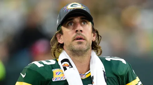 Aaron Rodgers #12 of the Green Bay Packers looks on from the sideline dthird quarter against the Pittsburgh Steelers at Lambeau Field on October 03, 2021 in Green Bay, Wisconsin.
