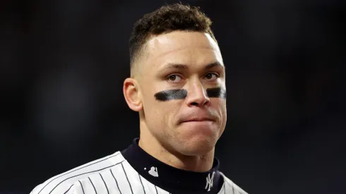 Aaron Judge #99 of the New York Yankees looks on in the seventh inning against the Cleveland Guardians during Game Two of the American League Championship Series at Yankee Stadium on October 15, 2024 in New York City.