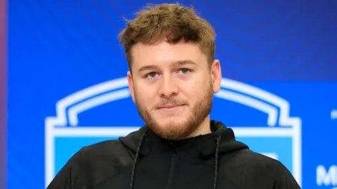 Quinn Ewers #QB04 of Texas speaks to the media during the 2025 NFL Scouting Combine at Lucas Oil Stadium on February 28, 2025 in Indianapolis, Indiana.