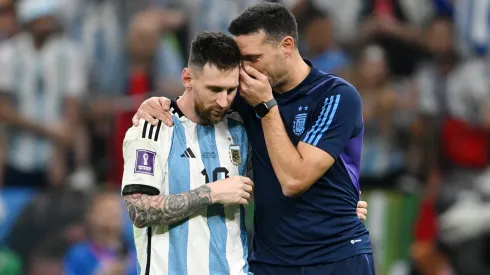 Lionel Scaloni, Head Coach of Argentina, celebrates with Lionel Messi after the win in the penalty shootout during the FIFA World Cup Qatar 2022 quarter final match between Netherlands and Argentina at Lusail Stadium on December 09, 2022 in Lusail City, Qatar.