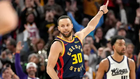 Stephen Curry #30 of the Golden State Warriors reacts after making his 4000th career three-pointer against the Sacramento Kings