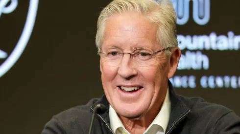 Pete Carroll speaks as he is introduced as the head coach of the Las Vegas Raiders during a news conference.