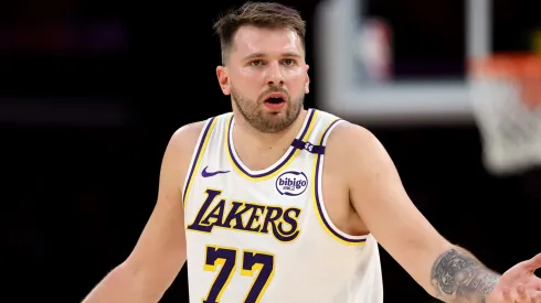 Luka Doncic #77 of the Los Angeles Lakers reacts against the Chicago Bulls during the first quarter at Crypto.com Arena on March 22, 2025 in Los Angeles, California.